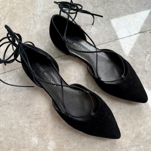 Stuart Weitzman Black Suede Lace Up Ballet Flats - Picture 5 of 8